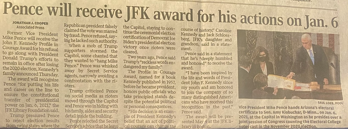 Pence receive JFK Profile in COurage Award