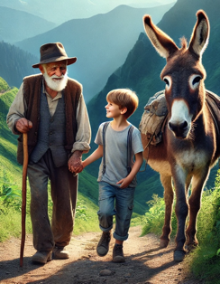 Eldery man, boy, and donkey on a mountain trail